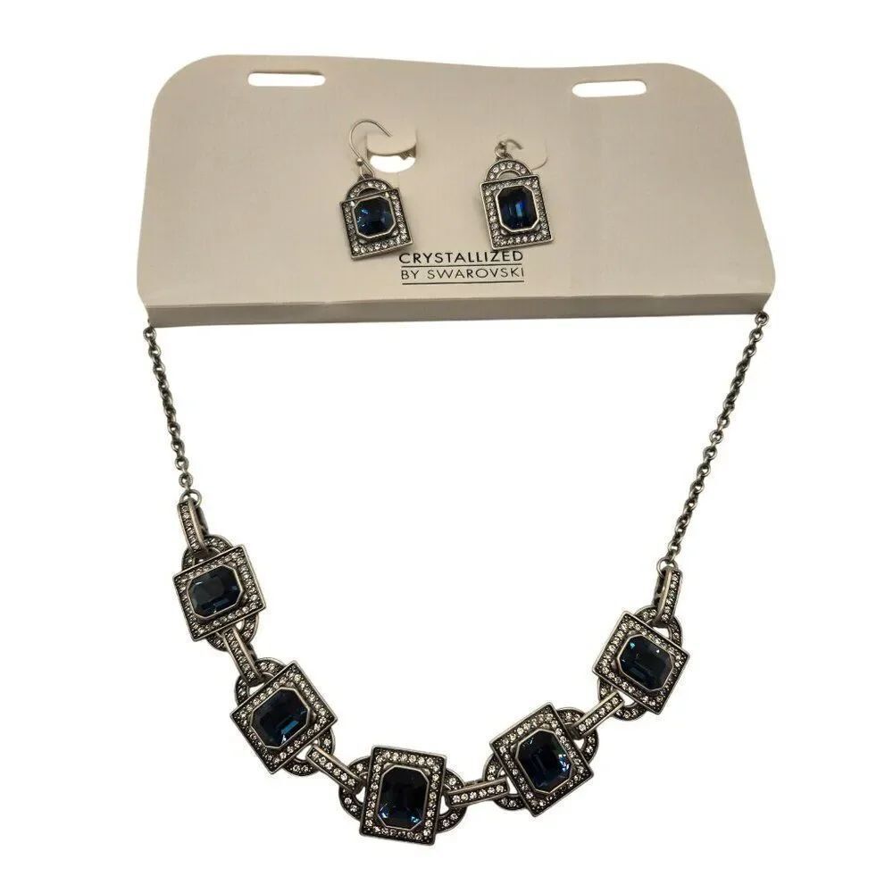 Swarovski Crystalized Necklace Earrings Set Blue Gemstones In Silver Tone $159